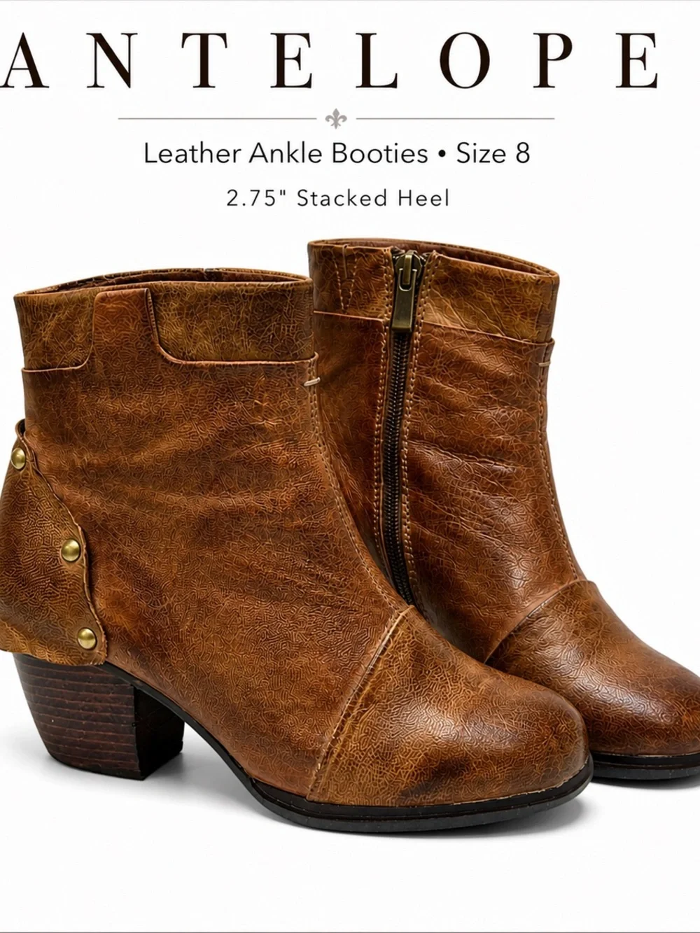 Antelope Leather Ankle Boots Women’s Size 8 Brown Boho Western Stacked Heel